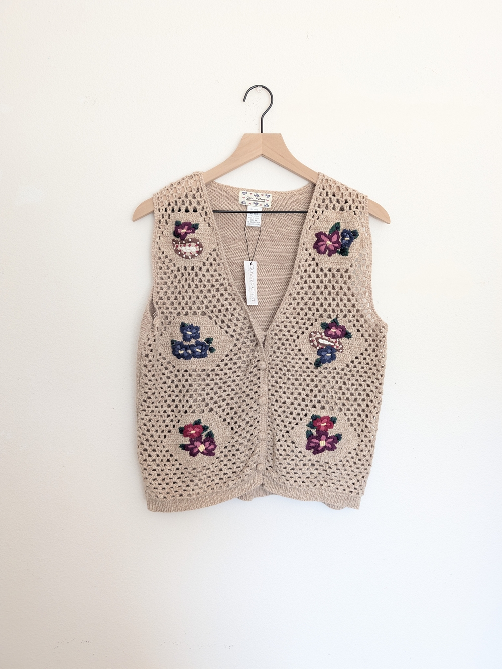 Gina Peters Vintage Crochet Floral Embroidered V-Neck Sweater Vest - Beige